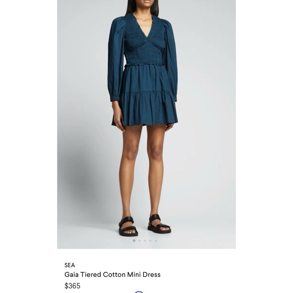 Sea New York Gaia Aegean Teal Blue Smocked Cotton‎ Mini Dress Sz 2 Romantic Chic